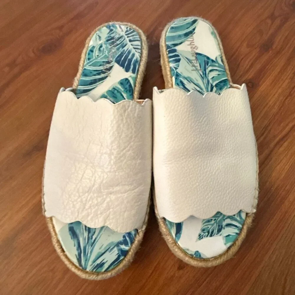 J. McLaughlin Aeries white genuine leather slides with palm print insole espadri